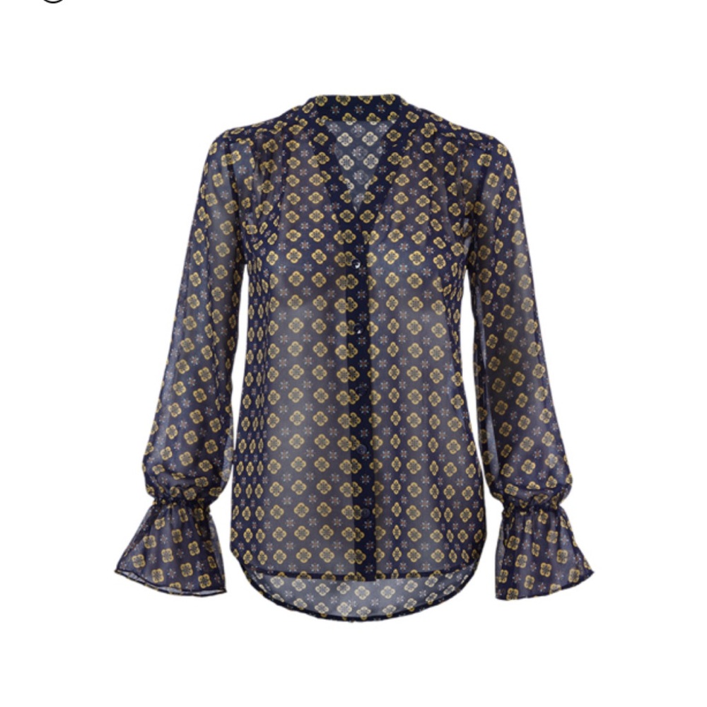 CAbi #3772 Mosaic Navy Yellow Ruffled Buttoned Long Sleeve‎ Blouse Sheer Sz S